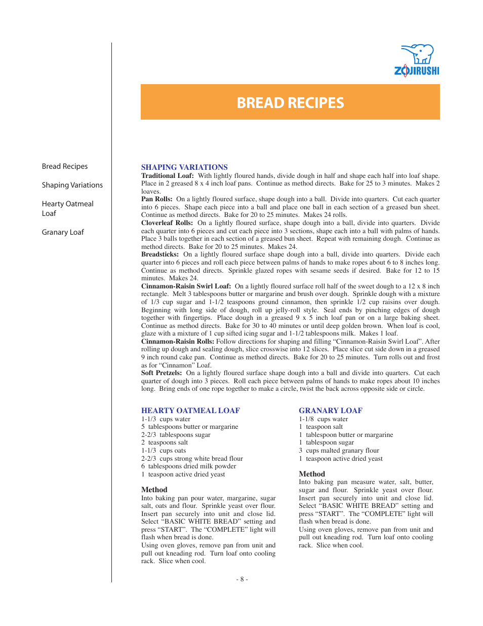 Bread recipes | Zojirushi DC199B User Manual | Page 8 / 15