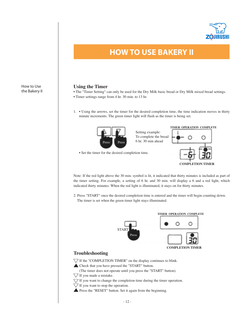 How to use bakery ii, Using the timer, Troubleshooting | Zojirushi BBCC - M15 User Manual | Page 12 / 17