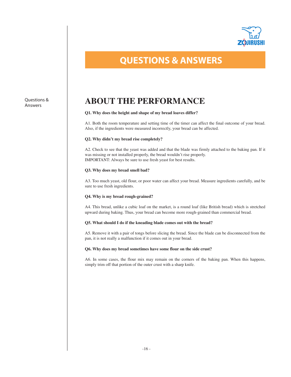 About the performance | Zojirushi BBCC - M15 User Manual | Page 16 / 17