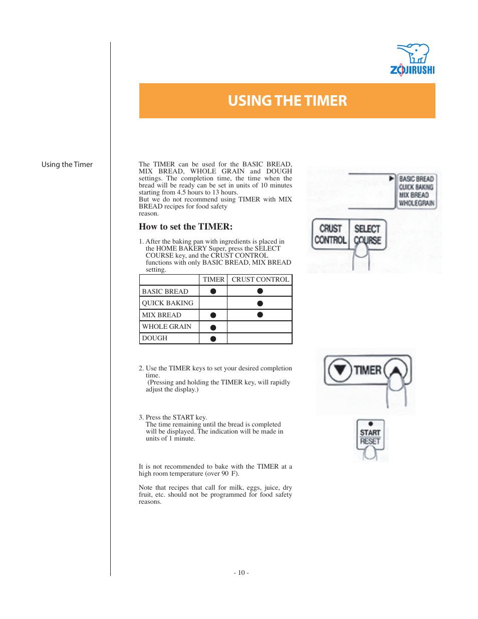 Using the timer | Zojirushi BBCC - Q15 User Manual | Page 10 / 28