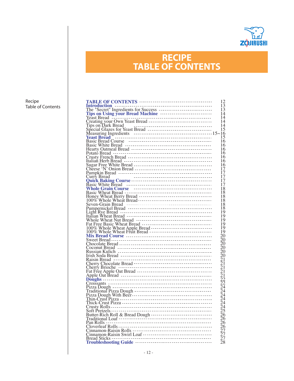 Recipe table of contents | Zojirushi BBCC - Q15 User Manual | Page 12 / 28