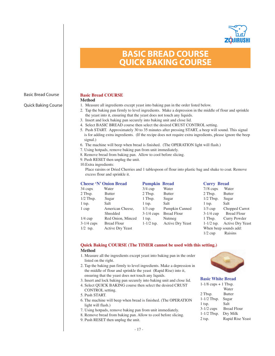 Basic bread course quick baking course | Zojirushi BBCC - Q15 User Manual | Page 17 / 28