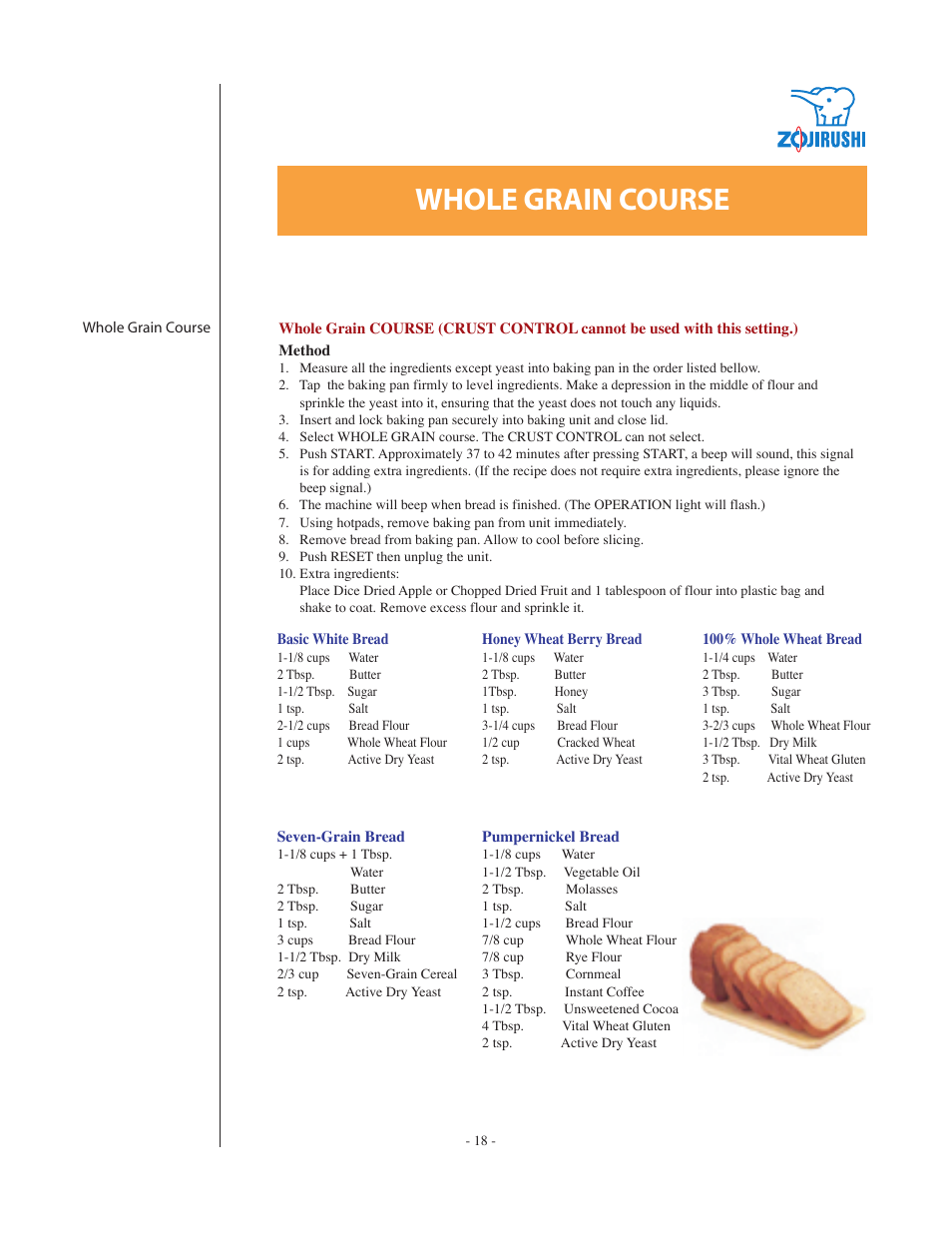 Whole grain course | Zojirushi BBCC - Q15 User Manual | Page 18 / 28