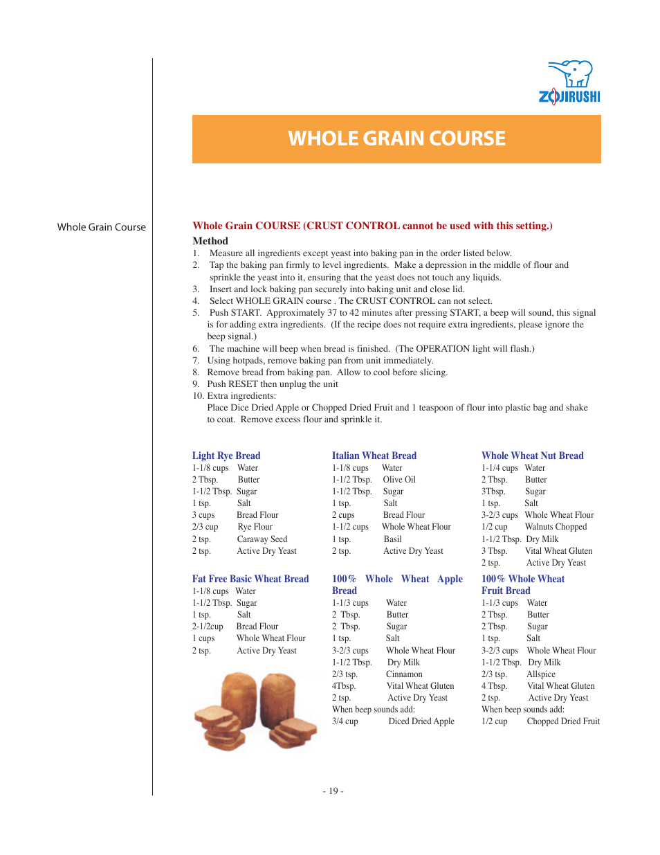 Whole grain course | Zojirushi BBCC - Q15 User Manual | Page 19 / 28