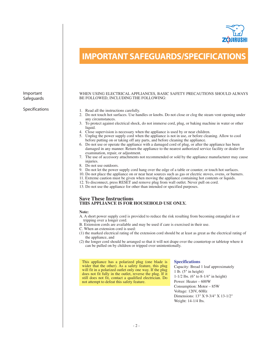 Important safeguards/specifications, Save these instructions | Zojirushi BBCC - Q15 User Manual | Page 2 / 28