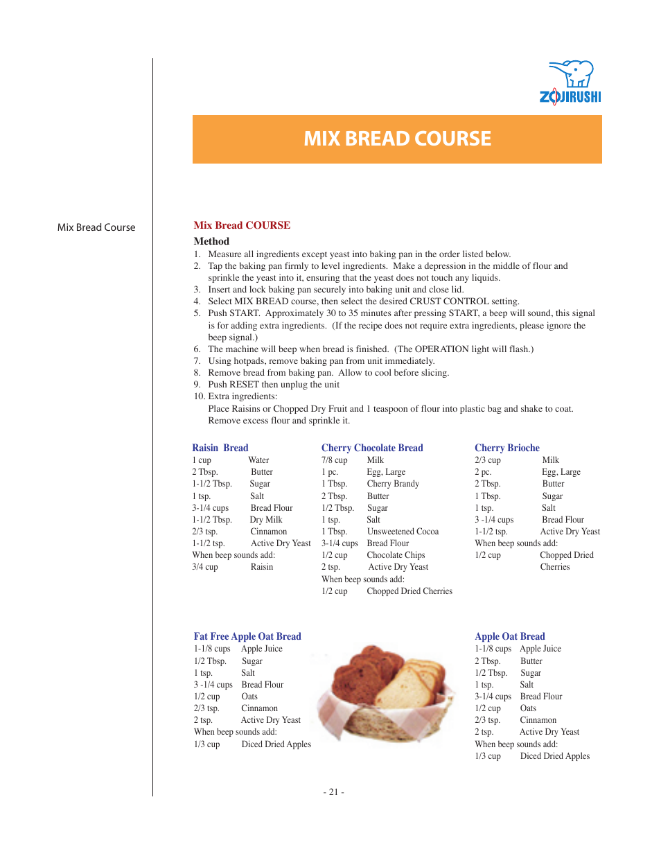 Mix bread course | Zojirushi BBCC - Q15 User Manual | Page 21 / 28