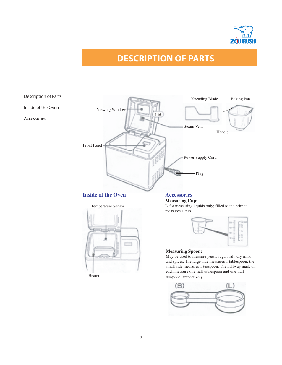 Description of parts | Zojirushi BBCC - Q15 User Manual | Page 3 / 28