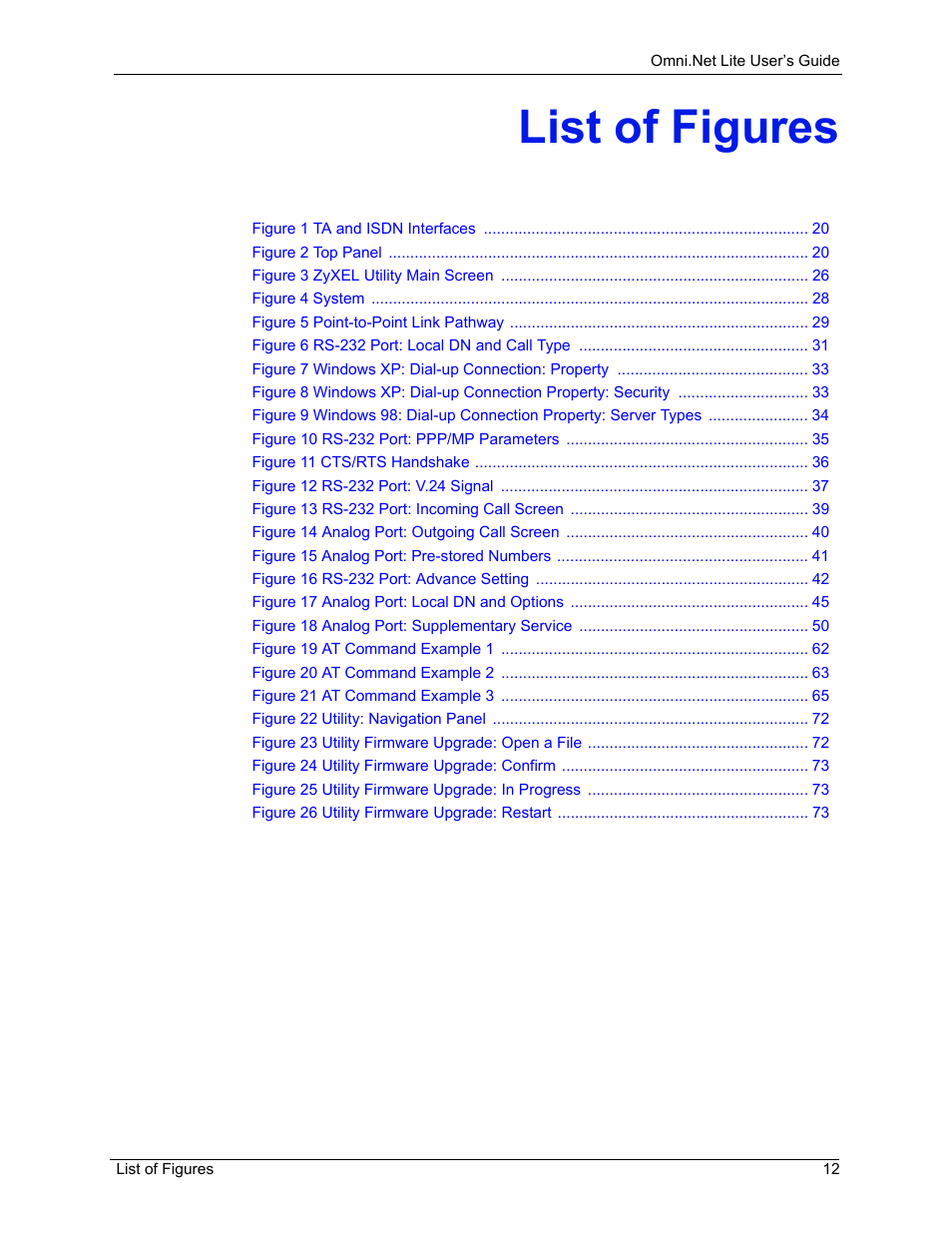 List of figures | ZyXEL Communications ISDN Terminal Adapter Omni.Net Lite User Manual | Page 13 / 84