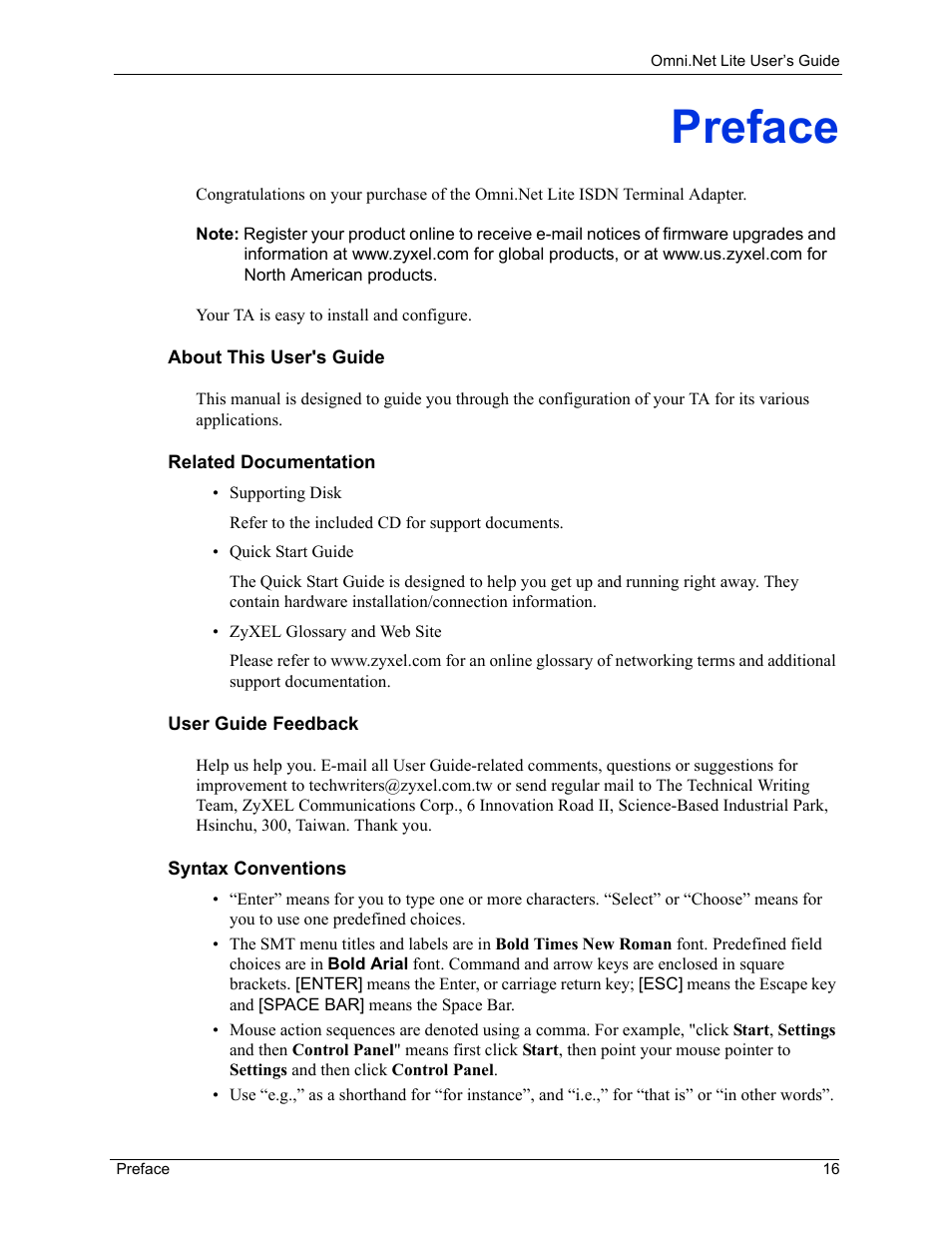 Preface | ZyXEL Communications ISDN Terminal Adapter Omni.Net Lite User Manual | Page 17 / 84