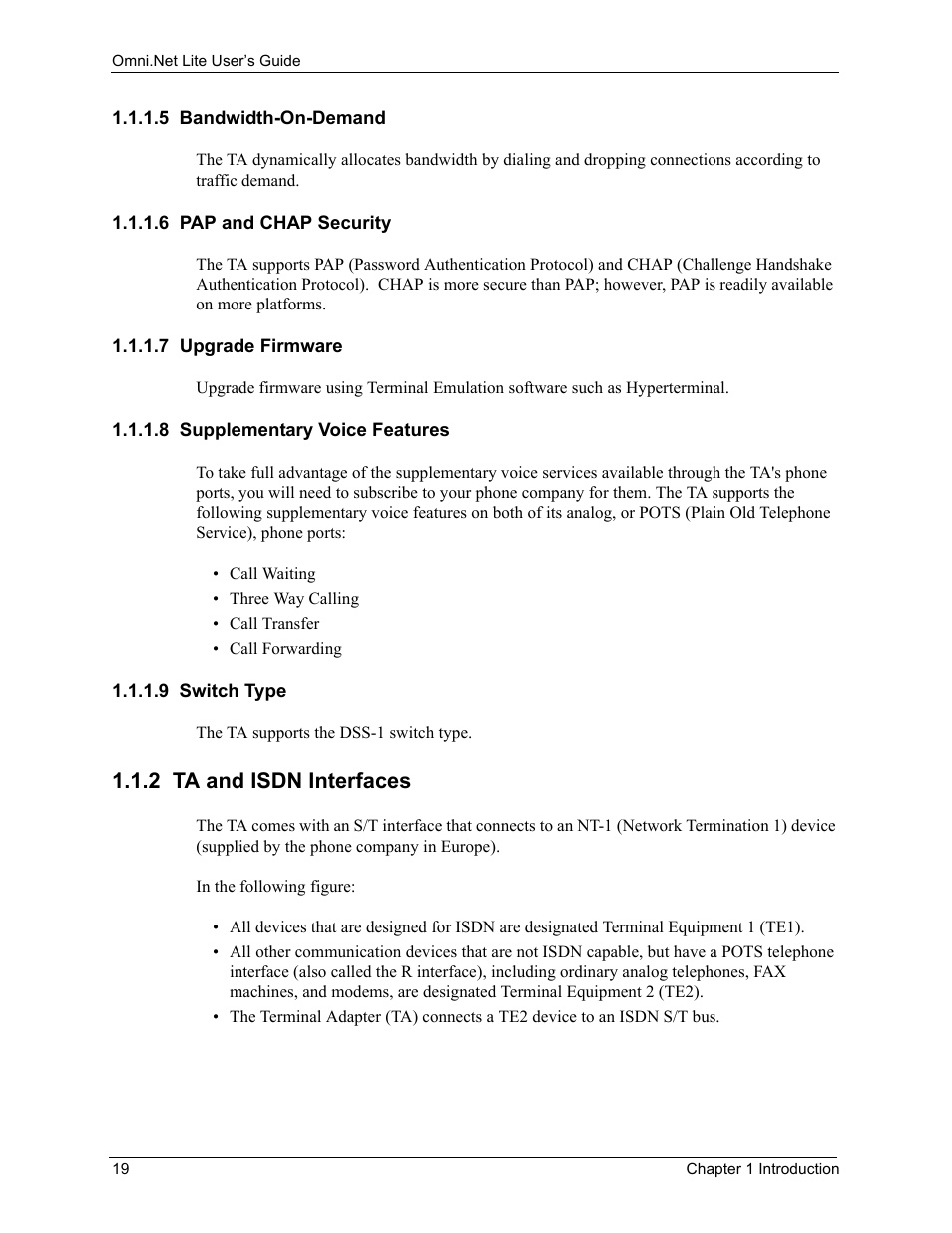 5 bandwidth-on-demand, 6 pap and chap security, 7 upgrade firmware | 8 supplementary voice features, 9 switch type, 2 ta and isdn interfaces | ZyXEL Communications ISDN Terminal Adapter Omni.Net Lite User Manual | Page 20 / 84