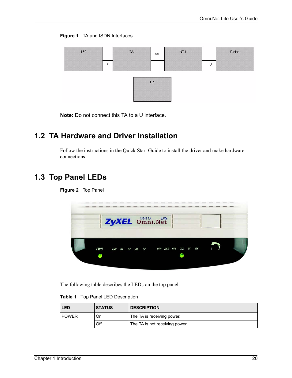 2 ta hardware and driver installation, 3 top panel leds, Figure 1 ta and isdn interfaces figure 2 top panel | Table 1 top panel led description | ZyXEL Communications ISDN Terminal Adapter Omni.Net Lite User Manual | Page 21 / 84