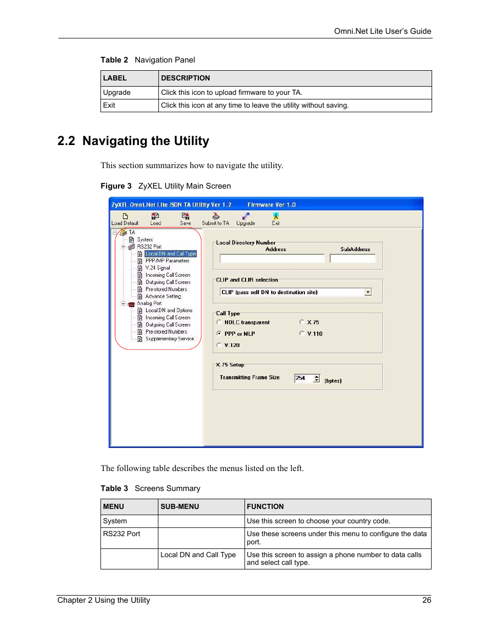 2 navigating the utility, Figure 3 zyxel utility main screen, Table 3 screens summary | ZyXEL Communications ISDN Terminal Adapter Omni.Net Lite User Manual | Page 27 / 84