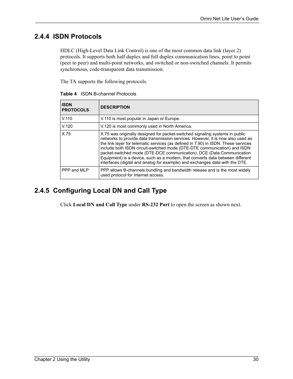 4 isdn protocols, 5 configuring local dn and call type, Table 4 isdn b-channel protocols | ZyXEL Communications ISDN Terminal Adapter Omni.Net Lite User Manual | Page 31 / 84