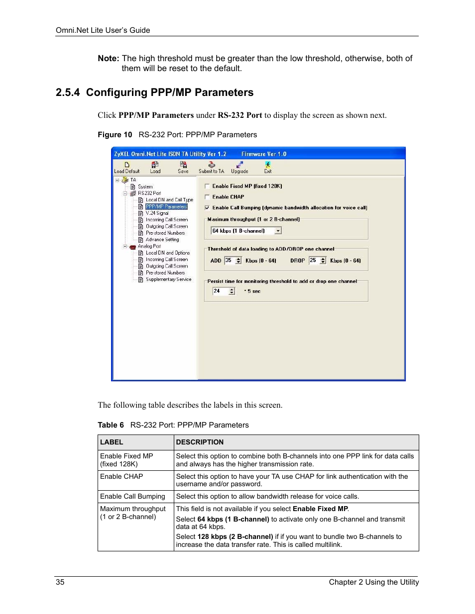 4 configuring ppp/mp parameters, Figure 10 rs-232 port: ppp/mp parameters, Table 6 rs-232 port: ppp/mp parameters | ZyXEL Communications ISDN Terminal Adapter Omni.Net Lite User Manual | Page 36 / 84