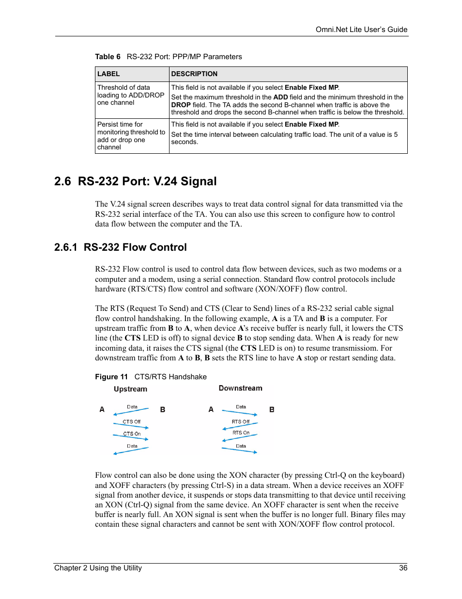 6 rs-232 port: v.24 signal, 1 rs-232 flow control, Figure 11 cts/rts handshake | ZyXEL Communications ISDN Terminal Adapter Omni.Net Lite User Manual | Page 37 / 84