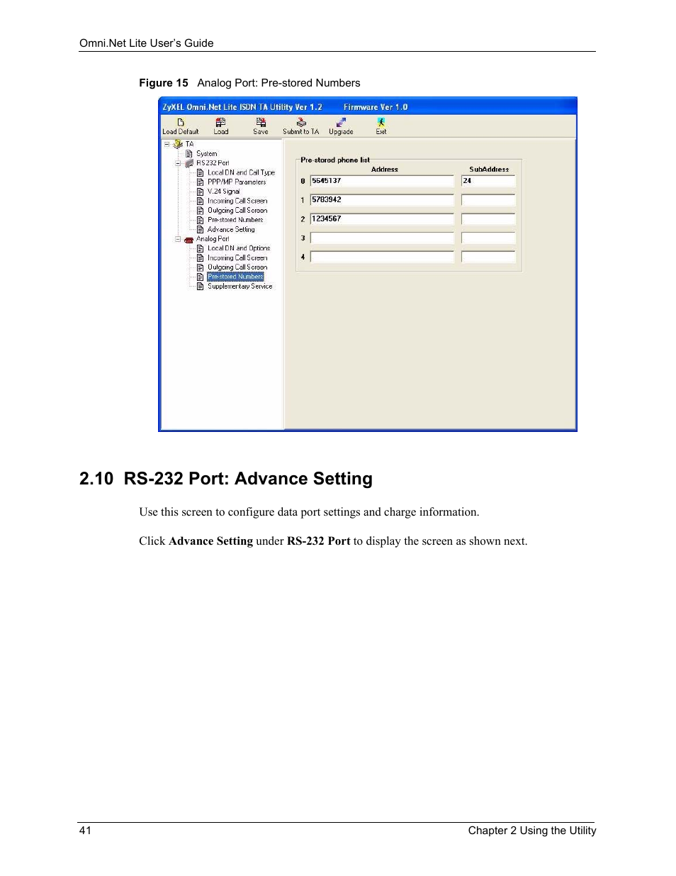 10 rs-232 port: advance setting, Figure 15 analog port: pre-stored numbers | ZyXEL Communications ISDN Terminal Adapter Omni.Net Lite User Manual | Page 42 / 84