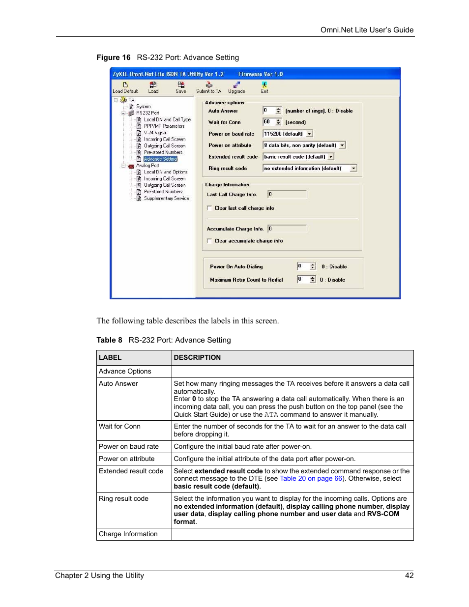 Figure 16 rs-232 port: advance setting, Table 8 rs-232 port: advance setting | ZyXEL Communications ISDN Terminal Adapter Omni.Net Lite User Manual | Page 43 / 84