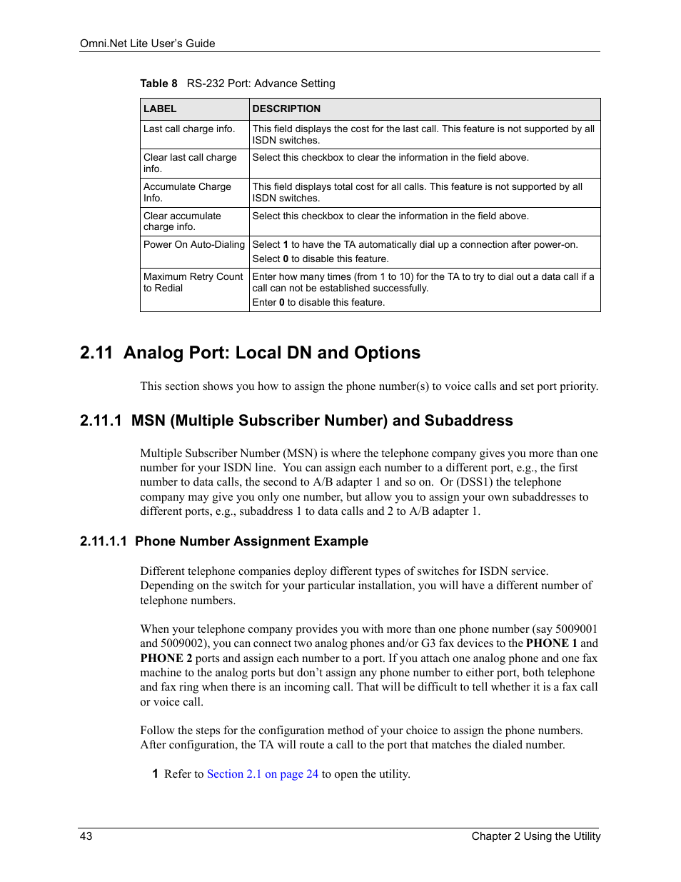 11 analog port: local dn and options, 1 msn (multiple subscriber number) and subaddress, 1 phone number assignment example | ZyXEL Communications ISDN Terminal Adapter Omni.Net Lite User Manual | Page 44 / 84