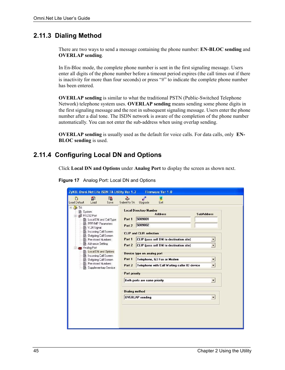 3 dialing method, 4 configuring local dn and options, Figure 17 analog port: local dn and options | ZyXEL Communications ISDN Terminal Adapter Omni.Net Lite User Manual | Page 46 / 84