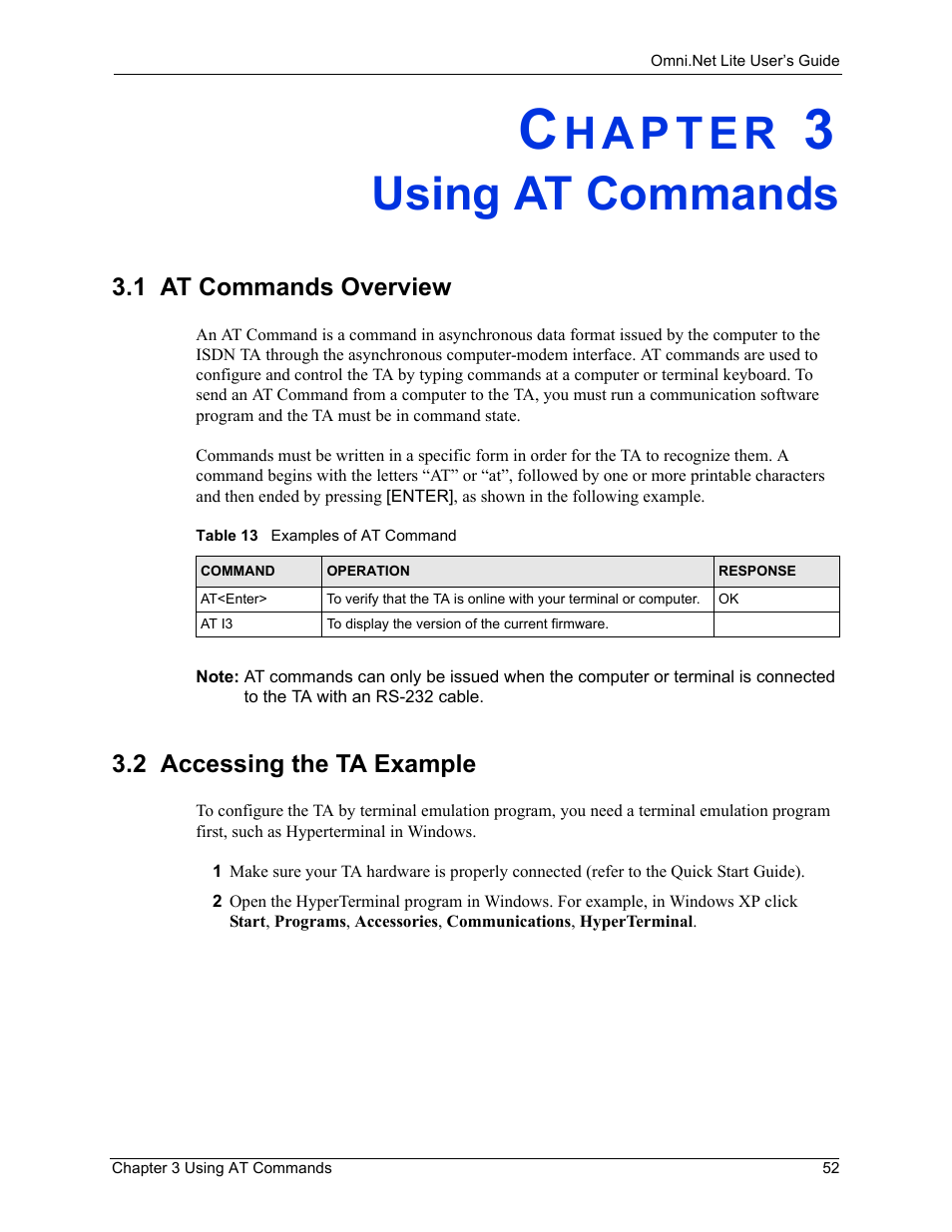 Using at commands, 1 at commands overview, 2 accessing the ta example | Chapter 3 using at commands, Table 13 examples of at command | ZyXEL Communications ISDN Terminal Adapter Omni.Net Lite User Manual | Page 53 / 84