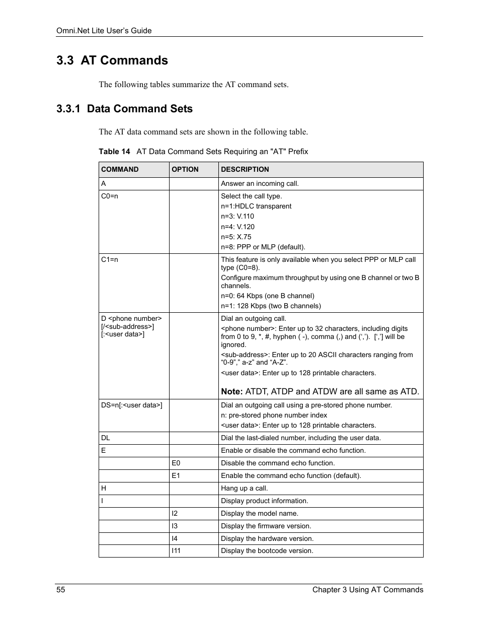 3 at commands, 1 data command sets | ZyXEL Communications ISDN Terminal Adapter Omni.Net Lite User Manual | Page 56 / 84