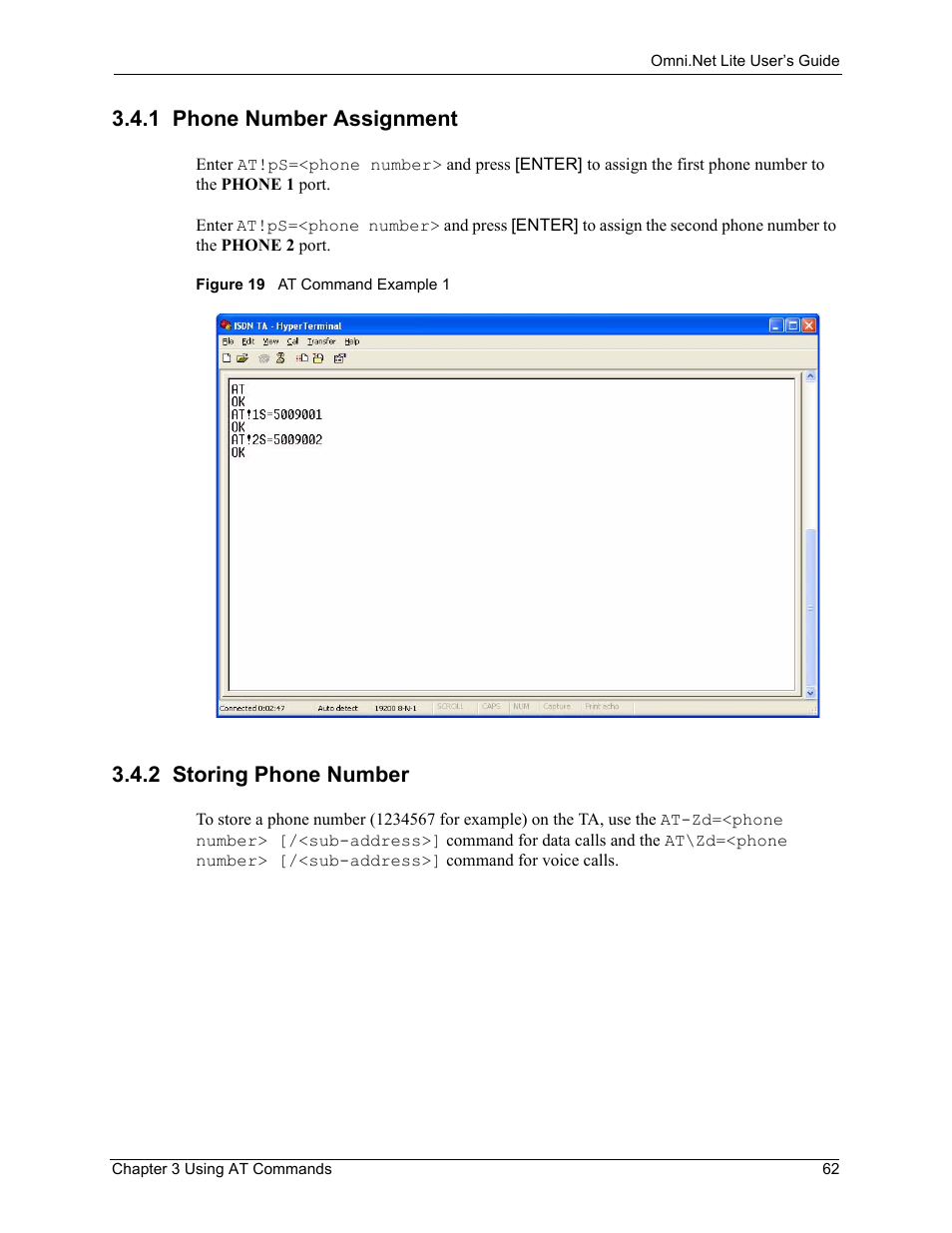 1 phone number assignment, 2 storing phone number, Figure 19 at command example 1 | ZyXEL Communications ISDN Terminal Adapter Omni.Net Lite User Manual | Page 63 / 84