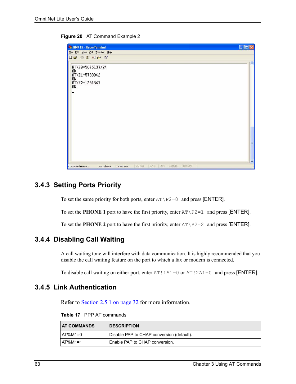 3 setting ports priority, 4 disabling call waiting, 5 link authentication | Figure 20 at command example 2, Table 17 ppp at commands | ZyXEL Communications ISDN Terminal Adapter Omni.Net Lite User Manual | Page 64 / 84