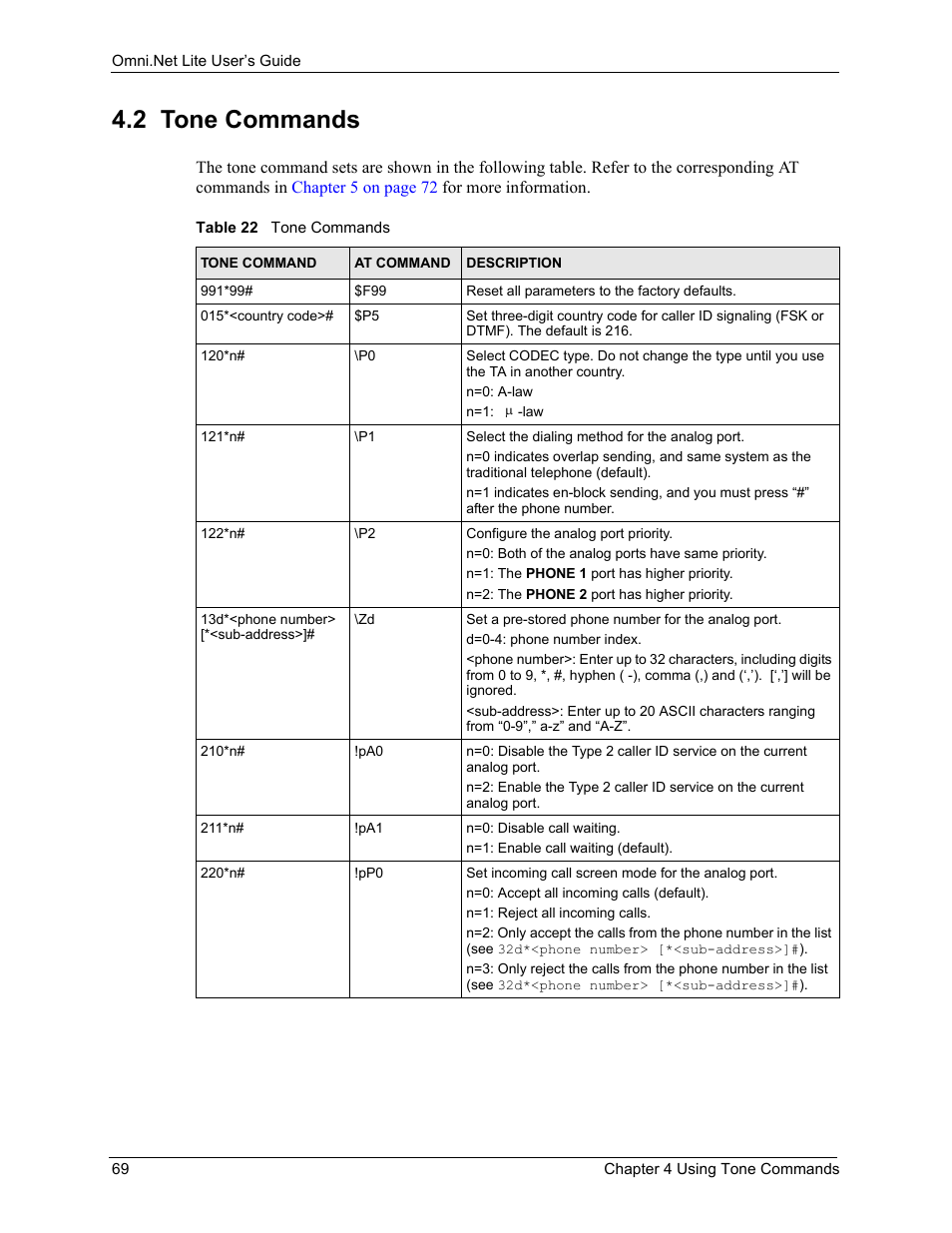2 tone commands, Table 22 tone commands | ZyXEL Communications ISDN Terminal Adapter Omni.Net Lite User Manual | Page 70 / 84