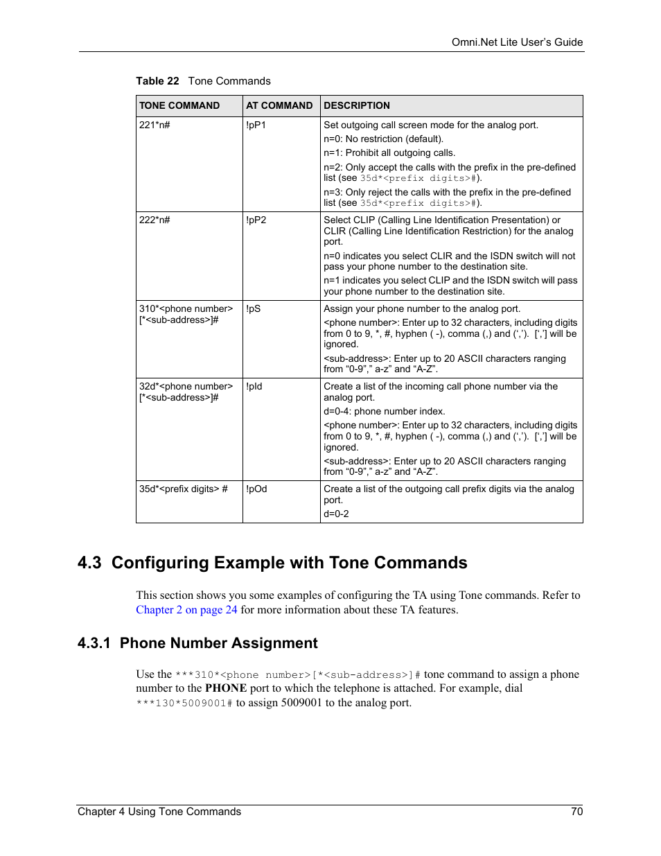 3 configuring example with tone commands, 1 phone number assignment | ZyXEL Communications ISDN Terminal Adapter Omni.Net Lite User Manual | Page 71 / 84