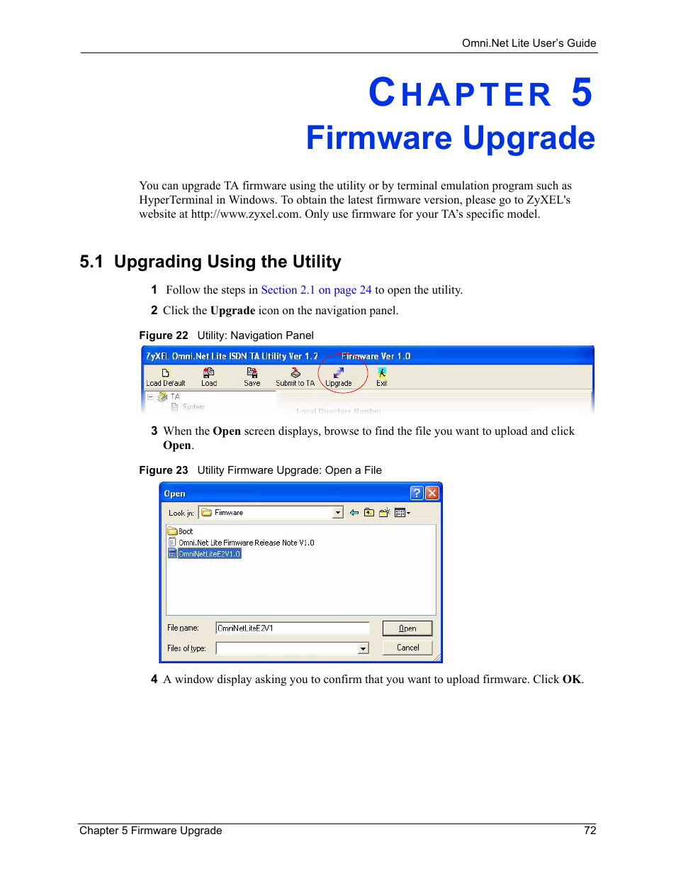 Firmware upgrade, 1 upgrading using the utility, Chapter 5 firmware upgrade | ZyXEL Communications ISDN Terminal Adapter Omni.Net Lite User Manual | Page 73 / 84