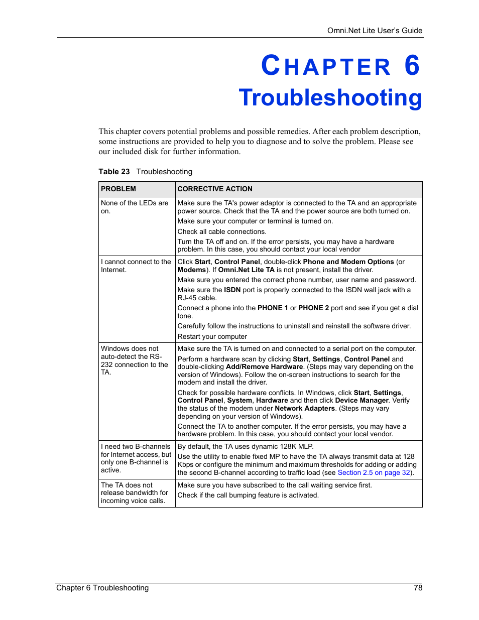 Troubleshooting, Table 23 troubleshooting | ZyXEL Communications ISDN Terminal Adapter Omni.Net Lite User Manual | Page 79 / 84