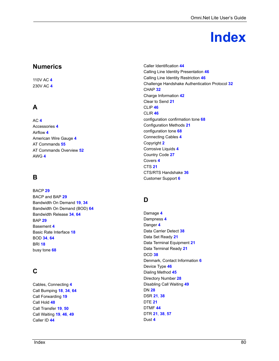 Index, Numerics | ZyXEL Communications ISDN Terminal Adapter Omni.Net Lite User Manual | Page 81 / 84