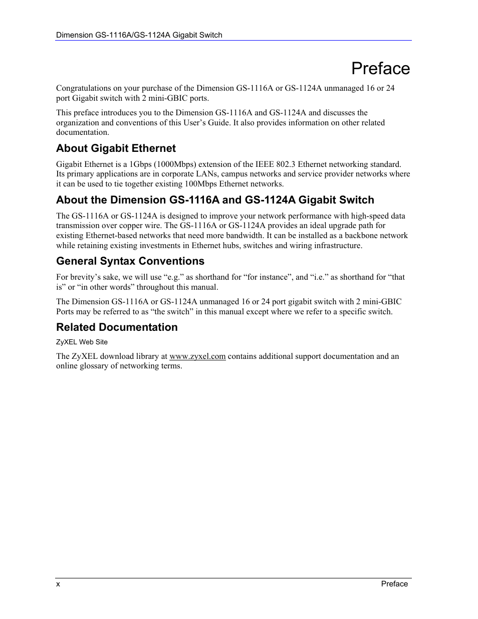 Preface | ZyXEL Communications ZyXEL Dimension GS-1124A User Manual | Page 10 / 30