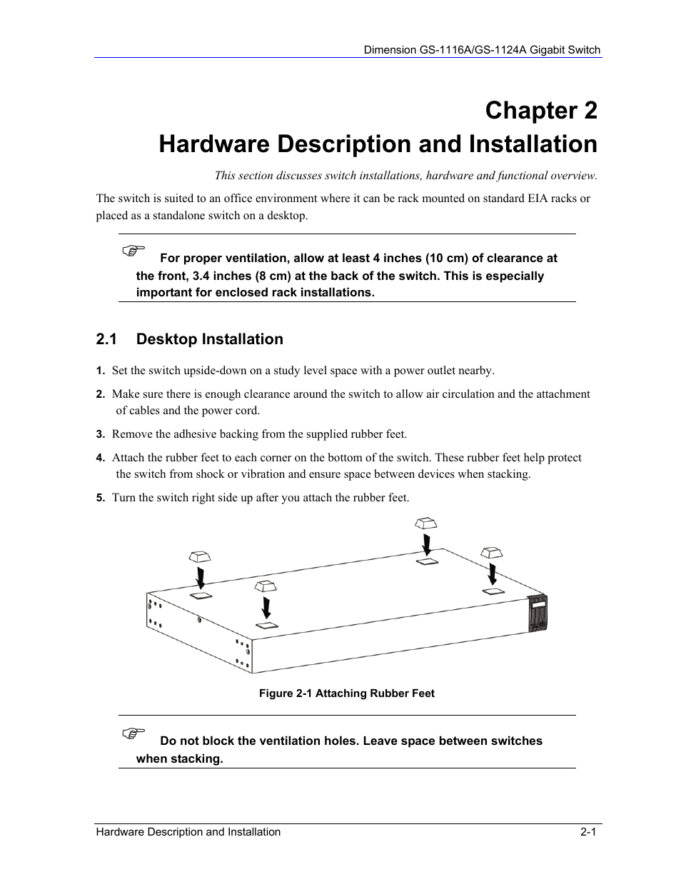 Chapter 2 hardware description and installation | ZyXEL Communications ZyXEL Dimension GS-1124A User Manual | Page 17 / 30