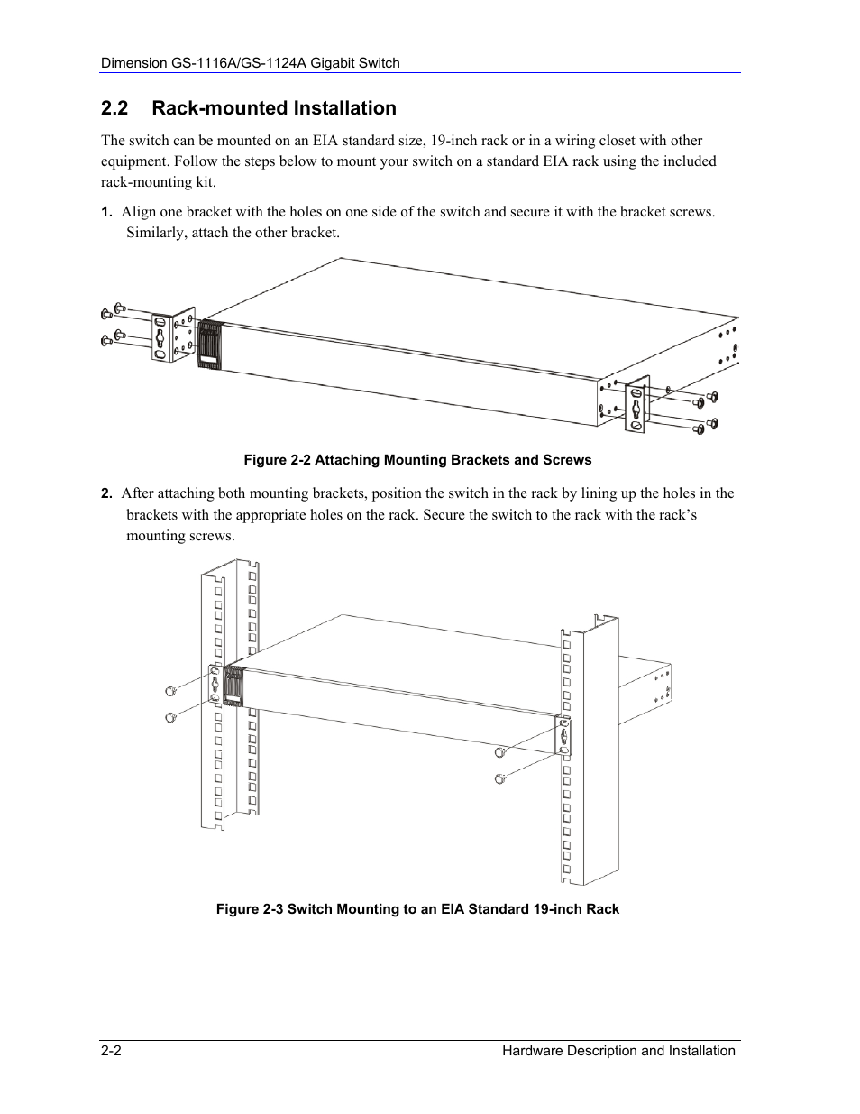 2 rack-mounted installation | ZyXEL Communications ZyXEL Dimension GS-1124A User Manual | Page 18 / 30