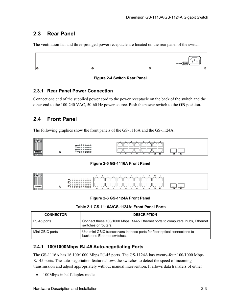 3 rear panel, 4 front panel | ZyXEL Communications ZyXEL Dimension GS-1124A User Manual | Page 19 / 30
