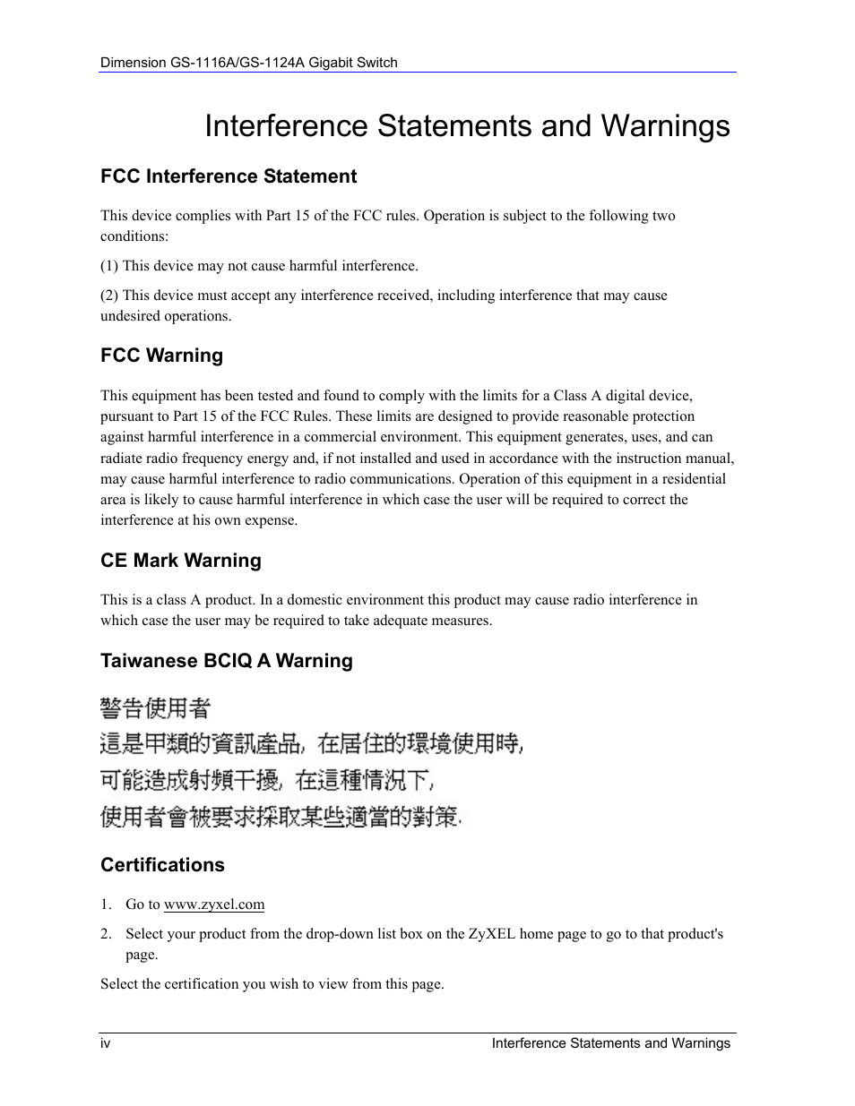 Interference statements and warnings | ZyXEL Communications ZyXEL Dimension GS-1124A User Manual | Page 4 / 30