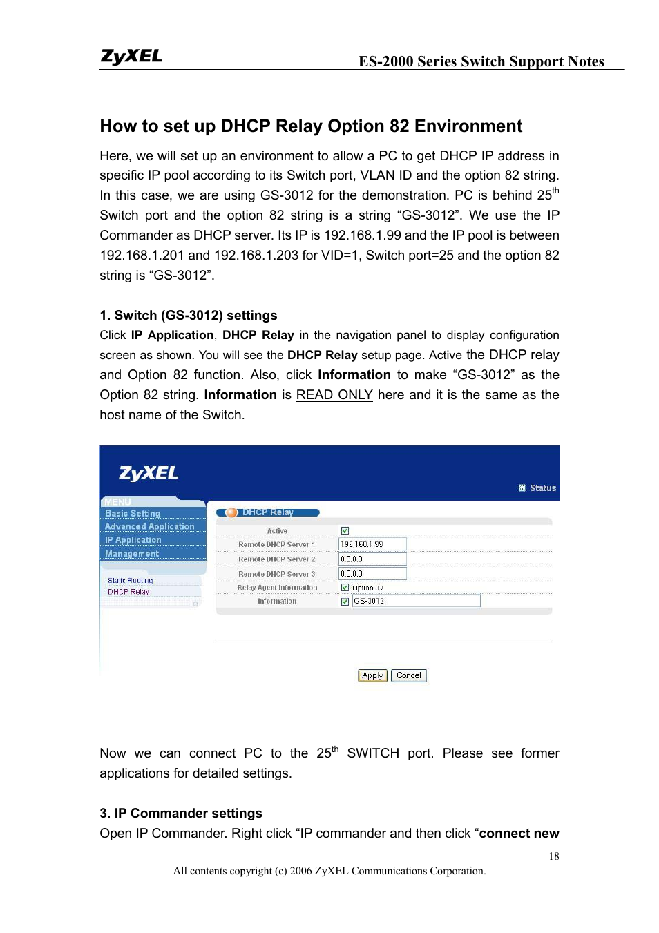 How to set up dhcp relay option 82 environment | ZyXEL Communications ES-2048 User Manual | Page 18 / 88