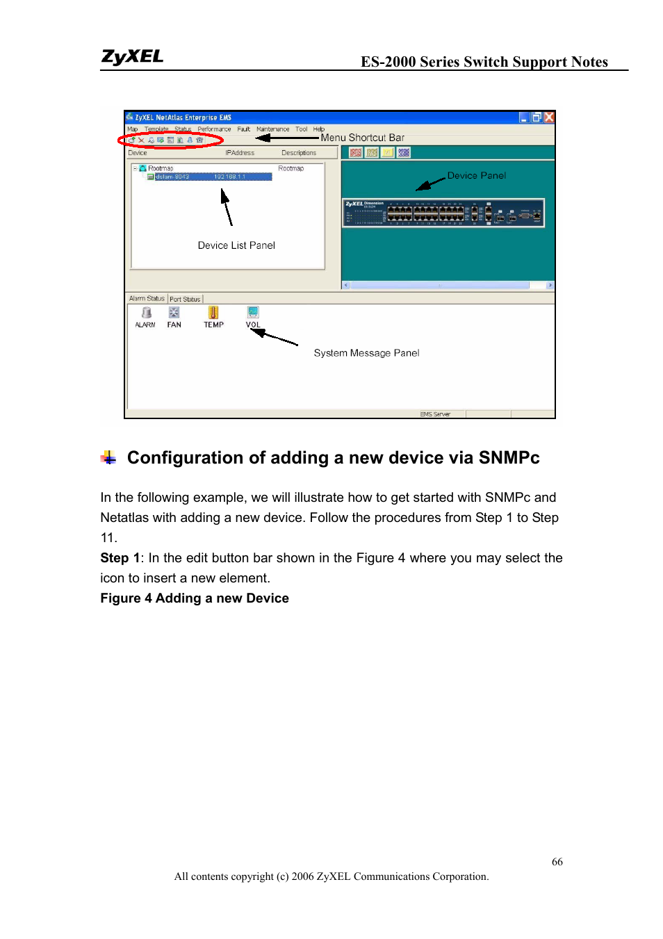 Configuration of adding a new device via snmpc | ZyXEL Communications ES-2048 User Manual | Page 66 / 88