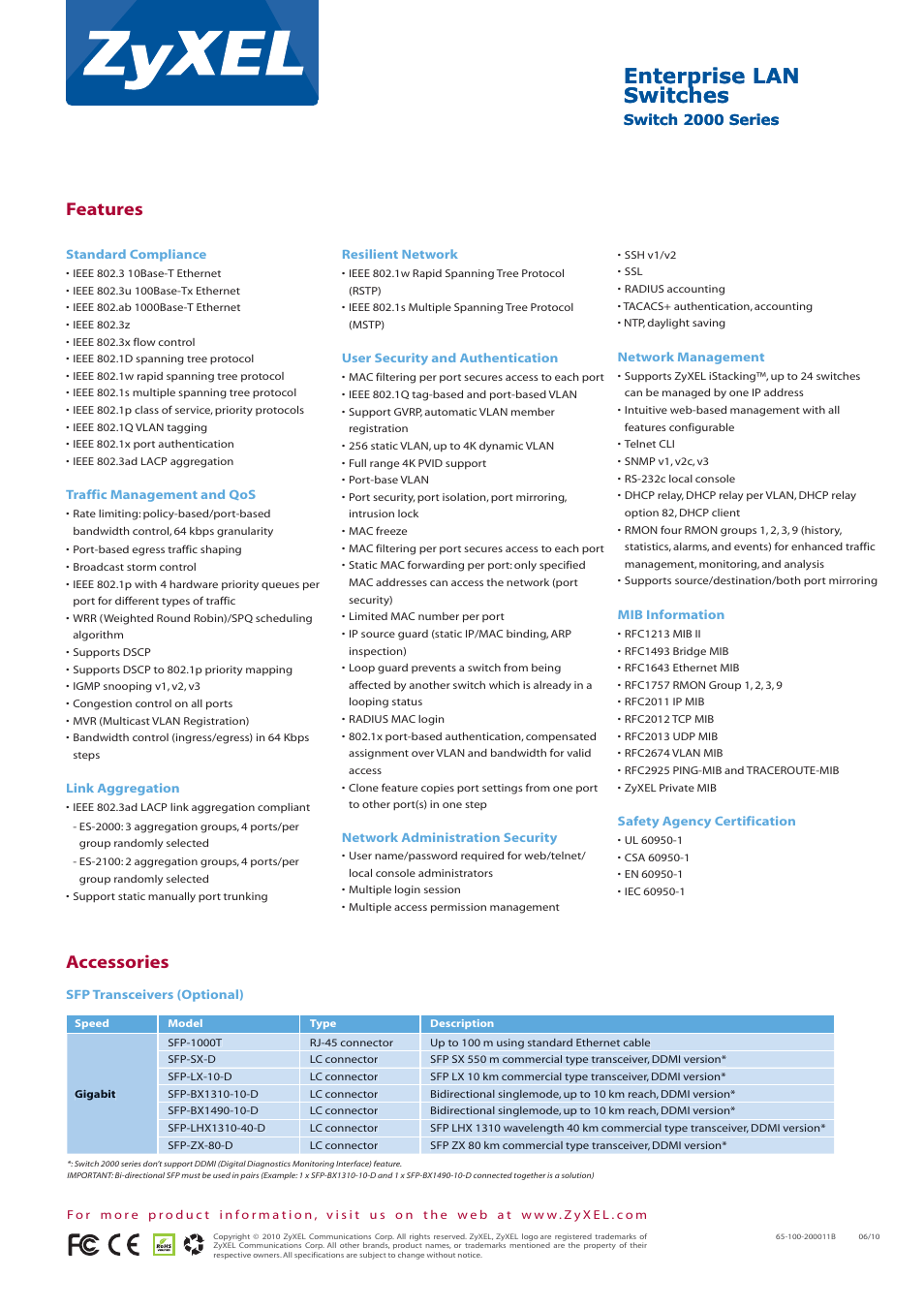 Enterprise lan switches, Features, Accessories | Switch 2000 series | ZyXEL Communications ZyXEL Dimension ES-2108-G User Manual | Page 4 / 4