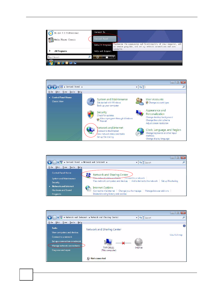 Figure 56 windows vista: start menu, Figure 57 windows vista: control panel, Figure 58 windows vista: network and internet | ZyXEL Communications DMA-1000 Series User Manual | Page 102 / 192