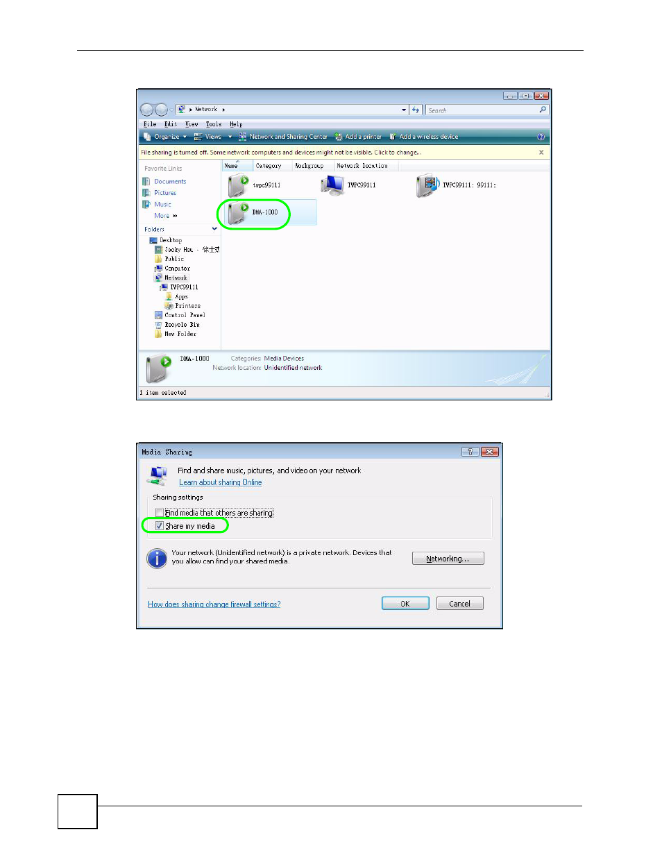 Figure 87 network, Figure 88 media sharing | ZyXEL Communications DMA-1000 Series User Manual | Page 120 / 192