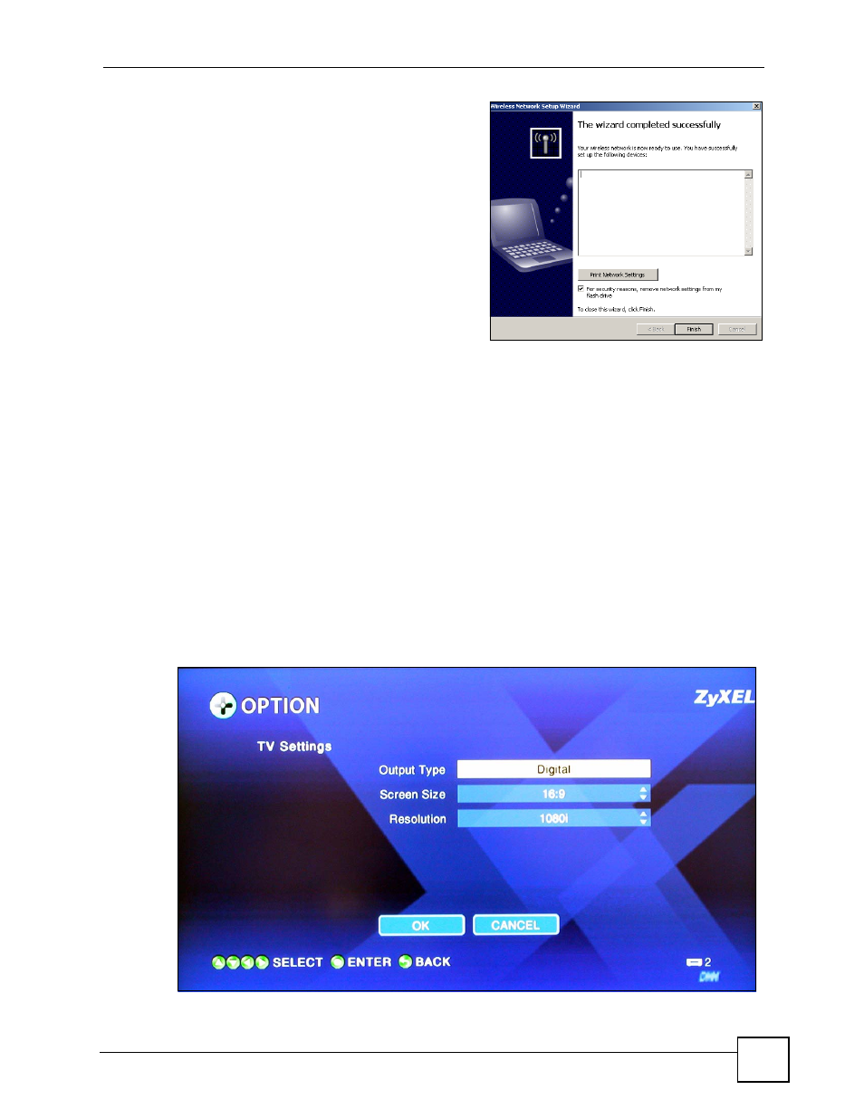 8 video modes, 9 tv settings, Figure 33 option > tv settings | ZyXEL Communications DMA-1000 Series User Manual | Page 61 / 192