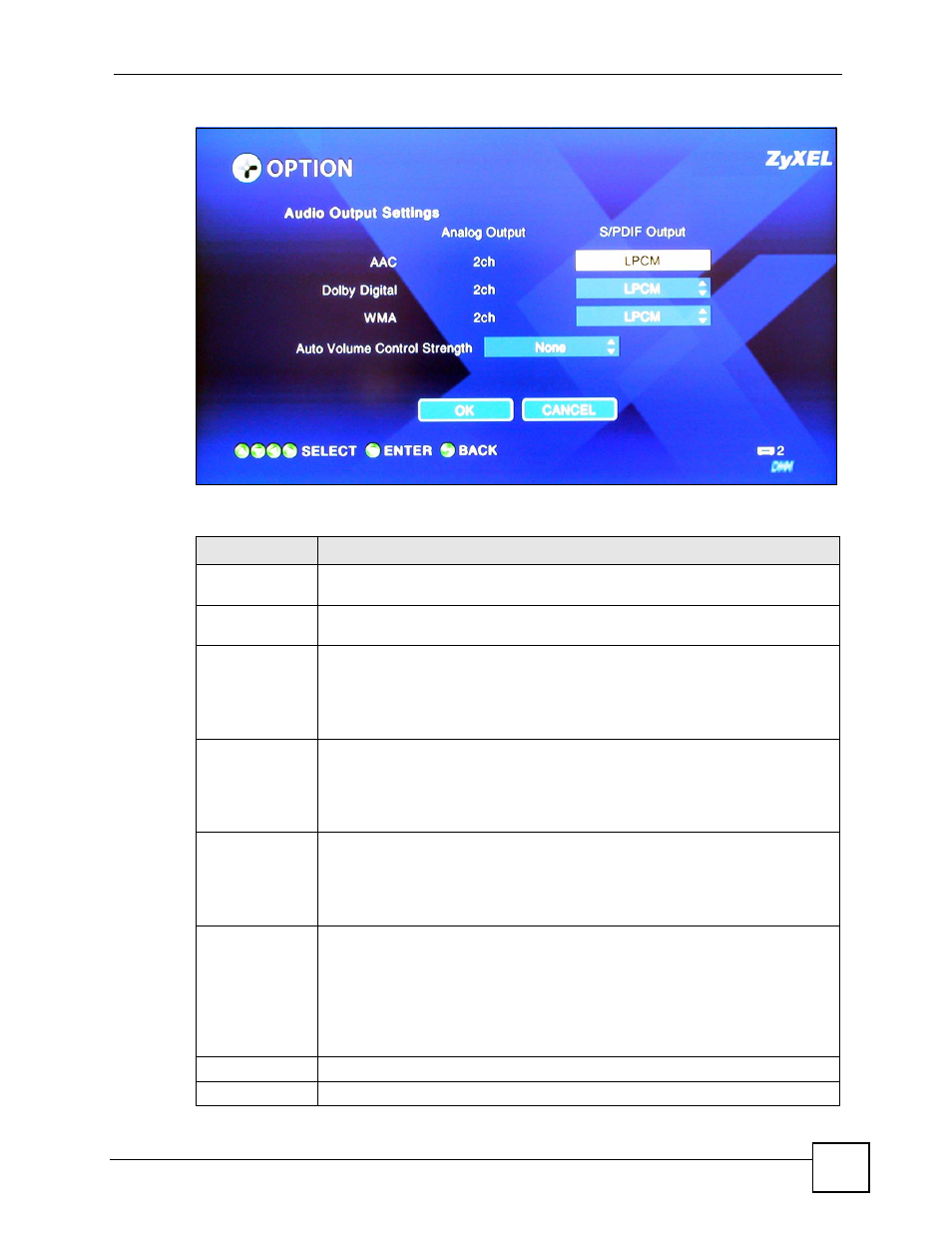 Figure 34 option > audio output settings, Table 17 option > audio output settings | ZyXEL Communications DMA-1000 Series User Manual | Page 63 / 192