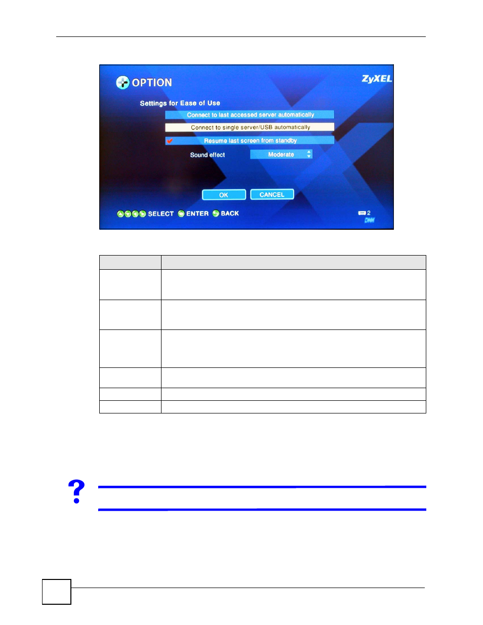 13 reset settings, Figure 36 option > settings for ease of use, Table 19 option > settings for ease of use | ZyXEL Communications DMA-1000 Series User Manual | Page 66 / 192