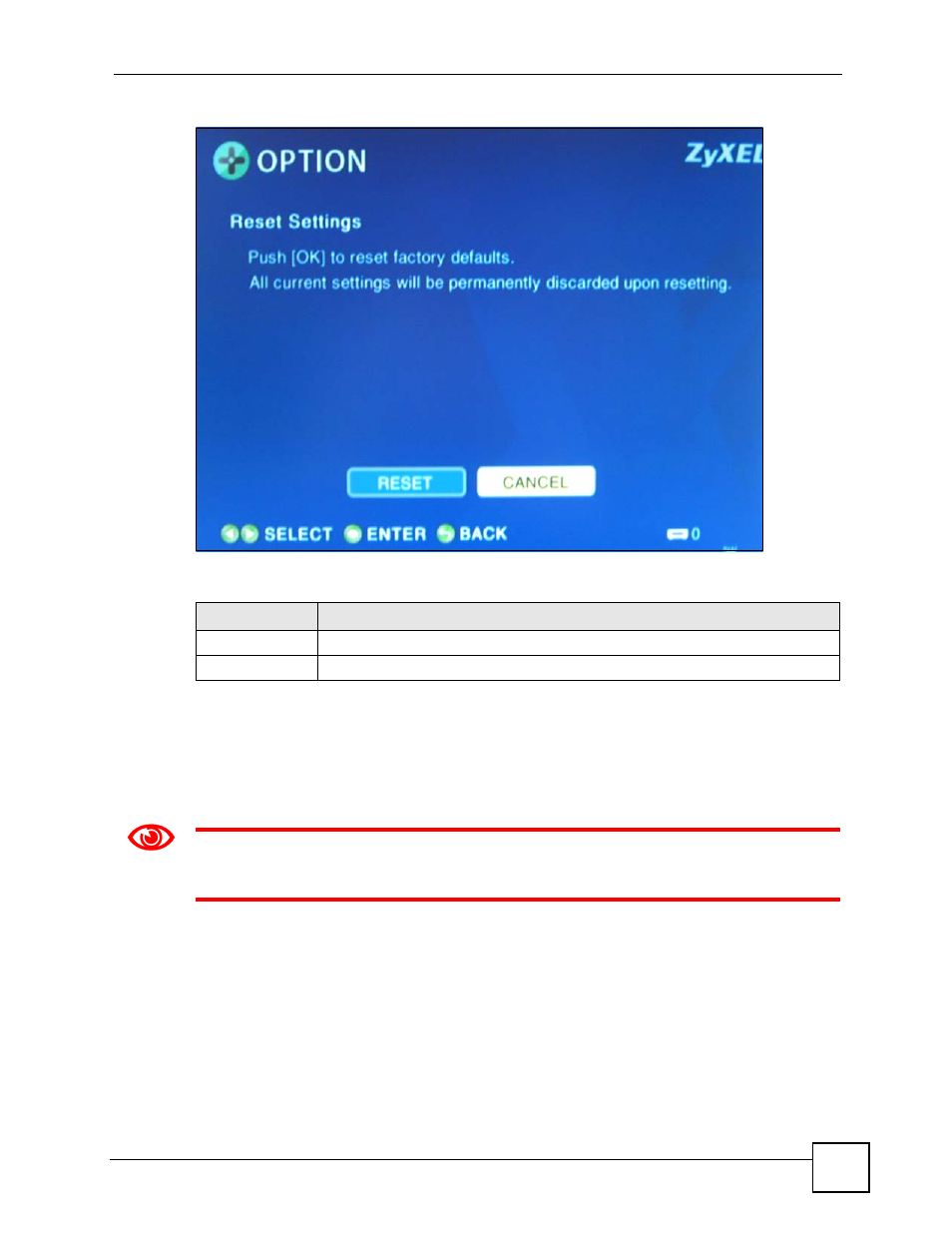 14 software update, Figure 37 option > reset settings, Table 20 option > reset settings | ZyXEL Communications DMA-1000 Series User Manual | Page 67 / 192