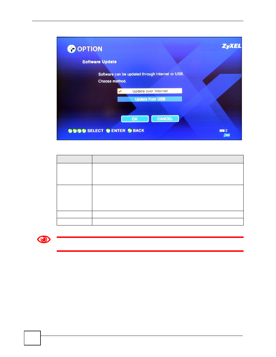 15 device information, Figure 38 option > software update, Table 21 option > software update | ZyXEL Communications DMA-1000 Series User Manual | Page 68 / 192