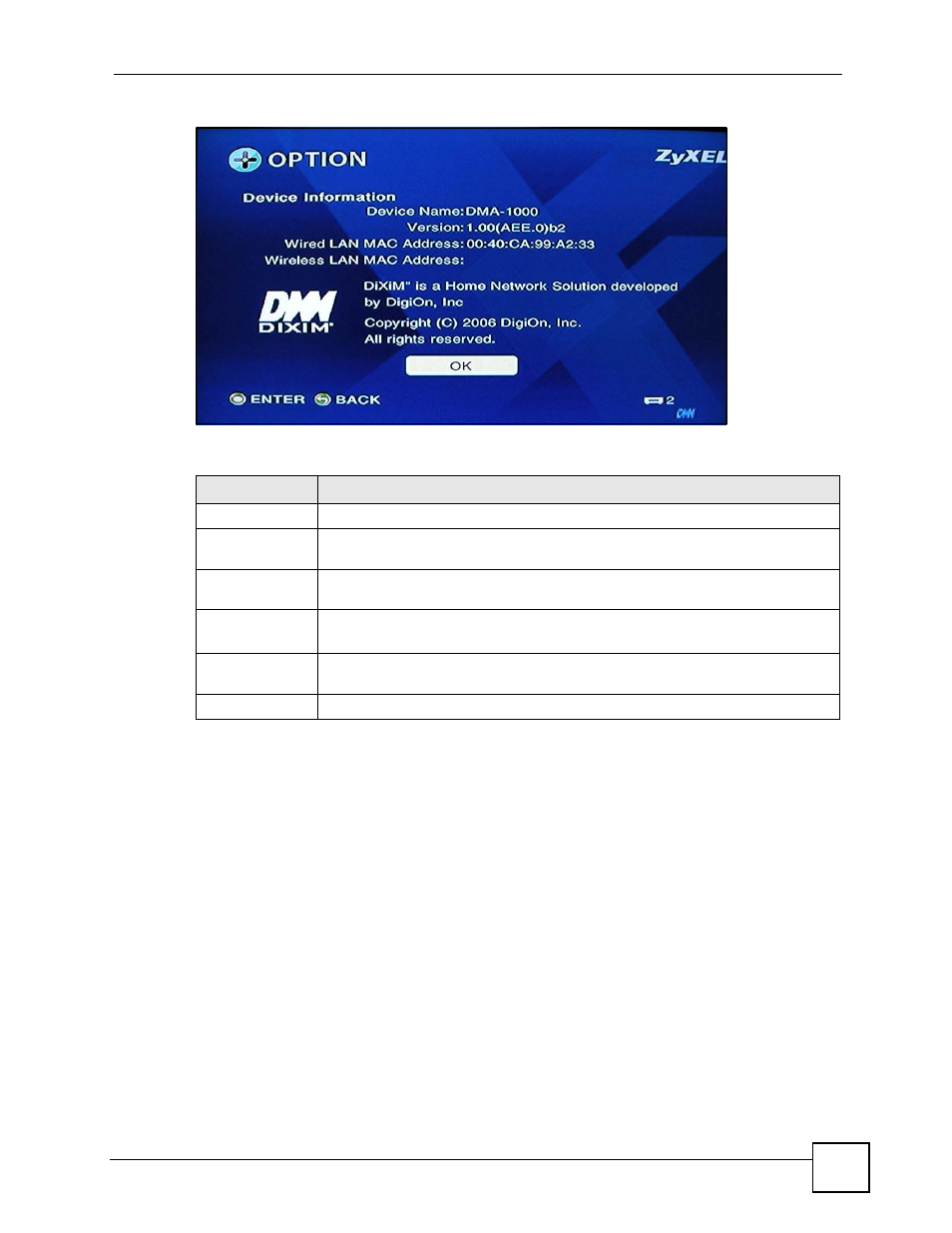 16 screen saver, Figure 39 option > device information, Table 22 option > device information | ZyXEL Communications DMA-1000 Series User Manual | Page 69 / 192