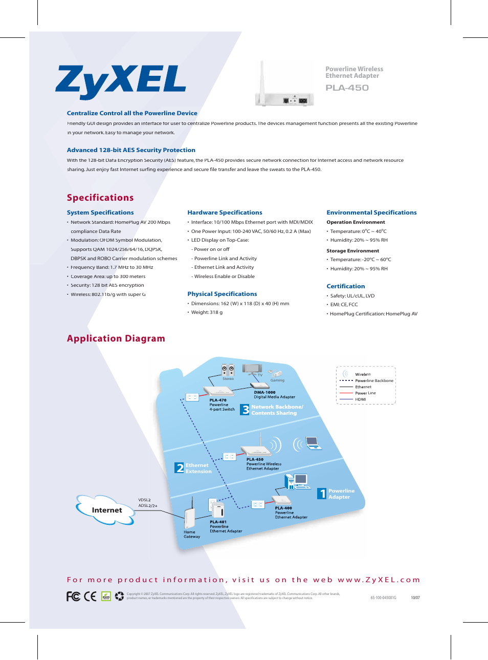 Application diagram, Specifications, Pla-450 | Internet | ZyXEL Communications PLA-450 User Manual | Page 2 / 2