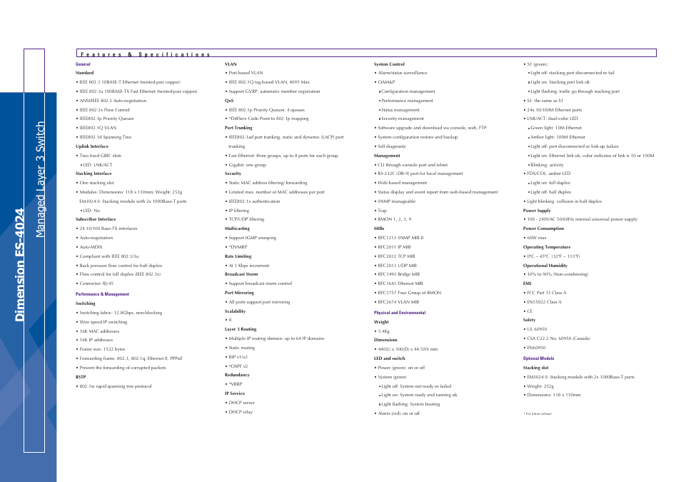 Dimension es-4024, Managed la y er 3 s w itch | ZyXEL Communications DIMENSION ES-4024 User Manual | Page 2 / 4